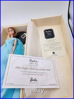 2016 Barbie Blue Chiffon Ball Gown Silkstone Doll Gold Label BFMC Open Box